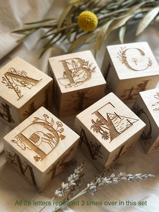 Set of 13, Wooden Biblical ABC Blocks  & Scripture Flashcards